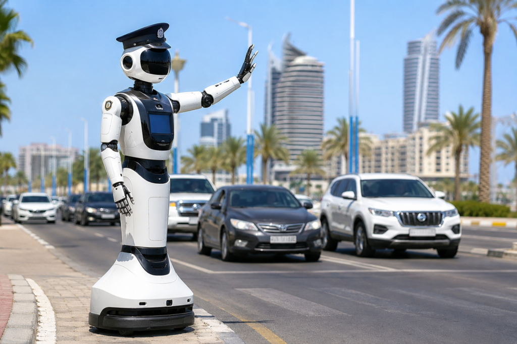 العلمين الجديدة توظف روبوتاً ذكياً لتنظيم المرور وخدمة المواطنين